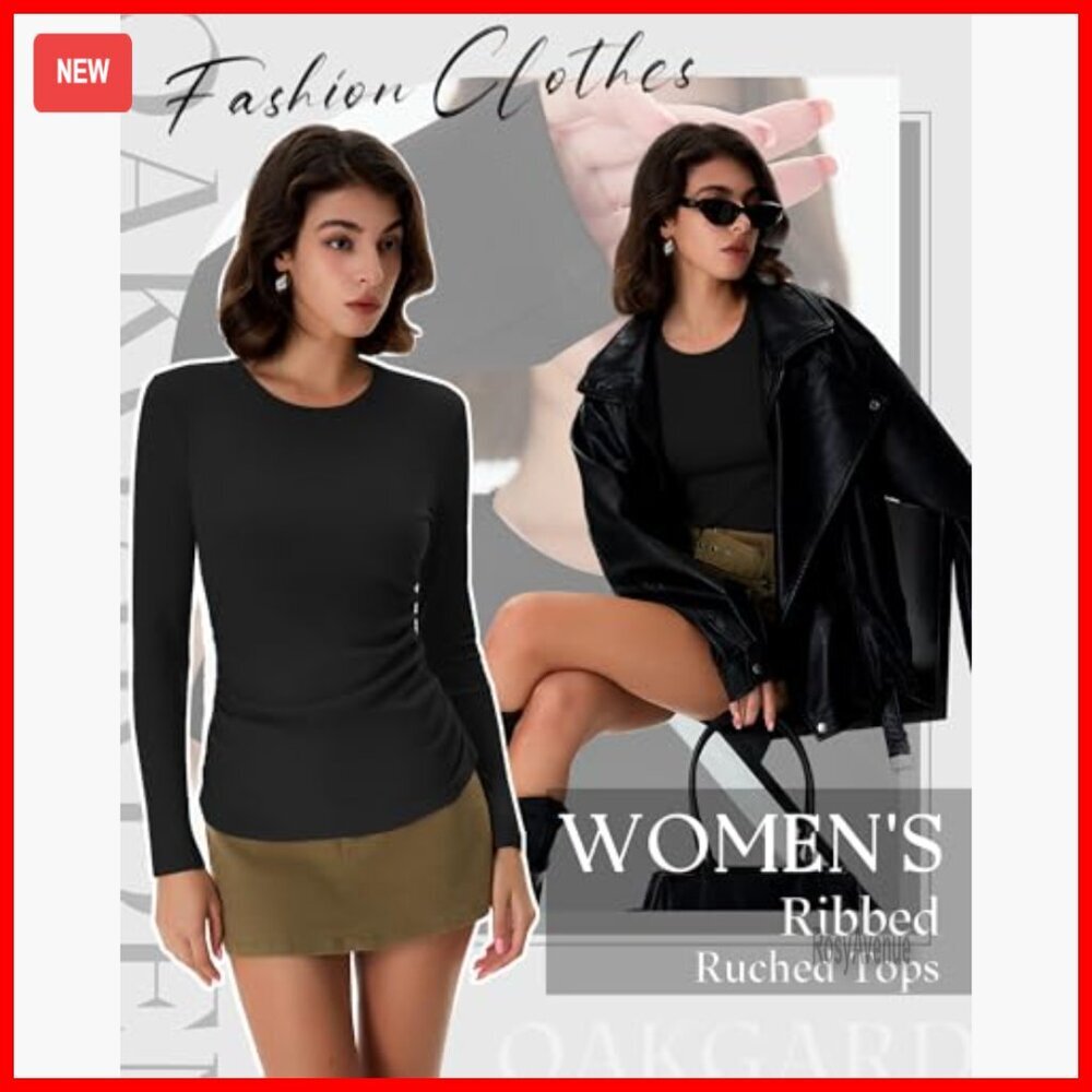 3 Pack Women's Ribbed Long Sleeve Cotton T-Shirts Slim Fit Crew Neck - Picture 6 of 7